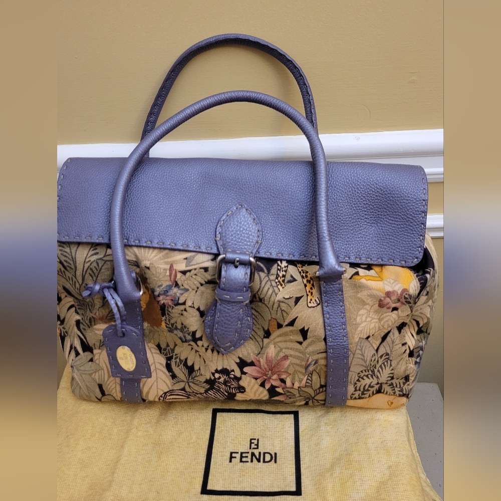 Fendi Selleria Metallic Purple Leather "Linda" Safari Print Satchel Handbag